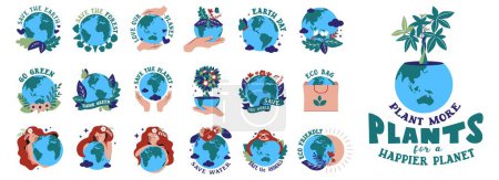 Gran conjunto de pegatinas de la naturaleza para salvar el diseño del planeta. Colección de iconos de ecología en una ilustración vectorial.
