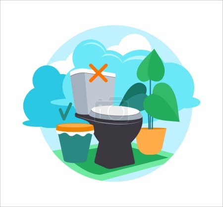Téléchargez les illustrations : Image de conception économiser de l'eau. Une toilette entourée d'un seau vert, une plante en pot, et un ciel bleu avec des nuages. Illustration vectorielle - en licence libre de droit