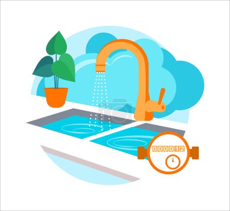 Ilustración de Ilustración de diseño plano para ahorrar agua. Un grifo que corre sobre dos lavabos, un medidor de agua a la derecha, una planta a la izquierda y nubes. Imagen de concepto vectorial - Imagen libre de derechos