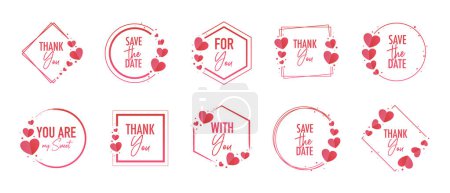 Illustration for Collection of pink frames with hearts and text for love day. Vector element illustration - Royalty Free Image