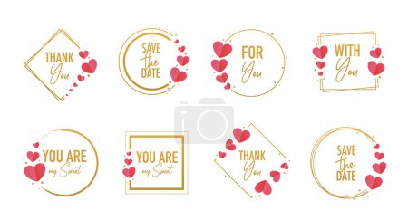 Illustration for Set of gold frames with hearts and love text for Valentines day. Vector elements illustration - Royalty Free Image