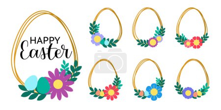 Ilustración de Conjunto de huevos de Pascua dorados en marcos con flores. Plantillas vectoriales ilustración - Imagen libre de derechos