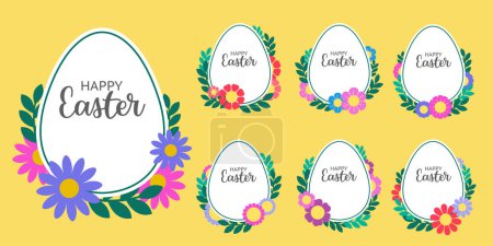 Ilustración de Conjunto de coloridos huevos de Pascua en marco plantilla con flores. Ilustración de elementos vectoriales - Imagen libre de derechos