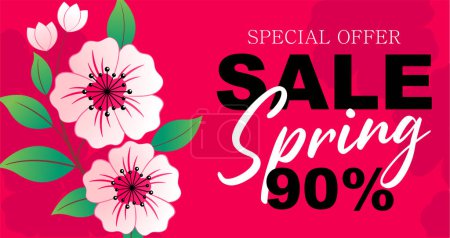 Illustration for Flowers banner with sakura, on a pink background. Special offer template, vector illustration - Royalty Free Image