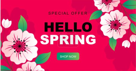 Ilustración de Banner rosa para la venta de primavera con sakura, elementos botánicos. Plantilla de ilustración vectorial romántica para carteles, tarjetas, etc. - Imagen libre de derechos