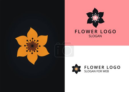 Téléchargez les illustrations : Icône de fleur d'or. Élégant logo floral à 6 pétales pour une entreprise florissante dans une illustration vectorielle - en licence libre de droit