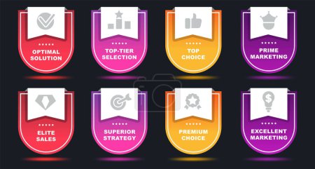 Illustration for Shield badges set with icons for advertising and marketing and best sales. Vector illustration, emblem design for business. - Royalty Free Image