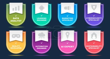 Un conjunto de escudos de gradiente con iconos para especialistas de diferentes profesiones inteligentes y certificados. Ilustración vectorial, diseño para empresas