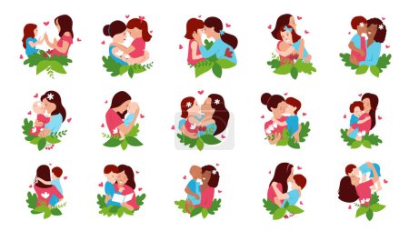 Illustration for Set of mother and child, with daughter and son, loving hugs for Mothers Day, mom stickers vector illustration - Royalty Free Image