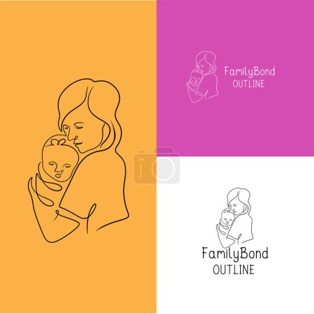 The logo mother hug baby, in the line art style, in loving for business, baby shop, Healthy Family, Mothers Day, etc. Hand-drawn vector illustration