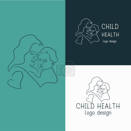 The logo mom hug baby, in the contour style, for business, Healthy Family, Mothers Day, etc. Hand-drawn vector illustration