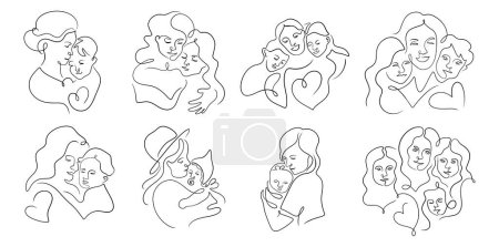 Set of mother hugging children, with daughter and son, in a line art style, conveying love for Mothers Day, hand-drawn vector illustration