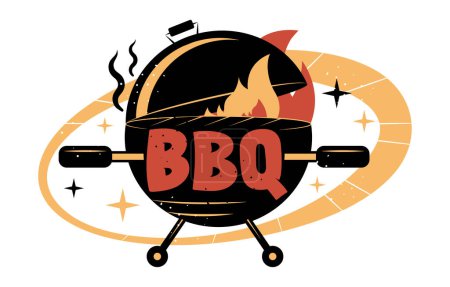 Grill-Logo und Banner für Barbecue-Geschäft mit Text BBQ, im Vintage-Stil, in Vektorillustration