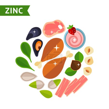 Conjunto de productos alimenticios para gráficos de información de zinc, plantilla de diseño en ilustración vectorial