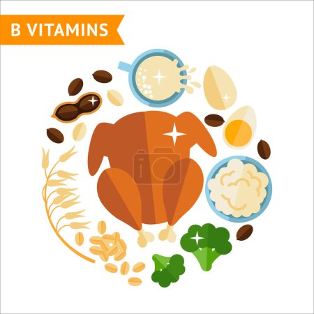 Groupe d'éléments graphiques d'aliments qui contient des vitamines b, utilisés pour les graphiques d'information, les modèles de conception, l'illustration vectorielle plate