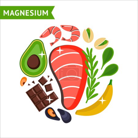 Las vitaminas de los alimentos, conjunto de vectores de magnesio, diseño plano en el círculo