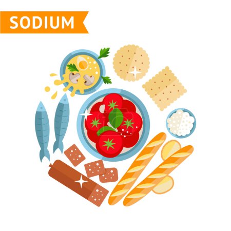 Illustration for Set of different foods that contain sodium, used for info graphics, design templates, vector flat illustration - Royalty Free Image
