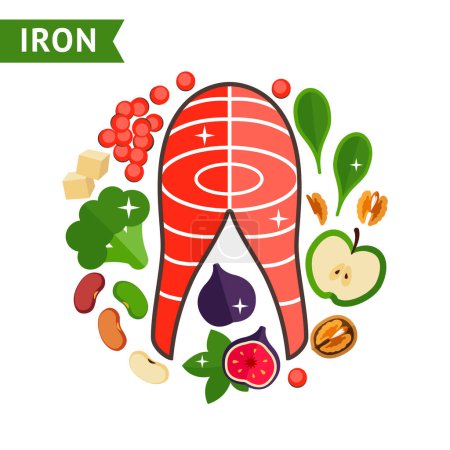 El alimento para la plantilla de diseño infográfico. Micronutrientes, vitaminas del hierro, en una ilustración vectorial