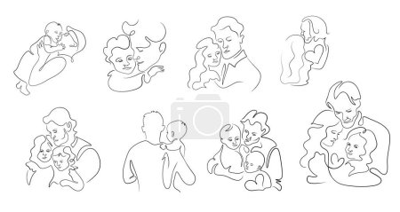 Set of father hug children, with daughter and son, in the line art style, hand-drawn vector illustration