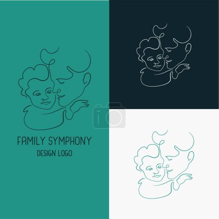 Daddy hugging baby, logo in the line art style, hand-drawn vector illustration