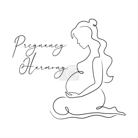 Téléchargez les illustrations : Logo de l'harmonie de grossesse, texte et femme enceinte en illustration vectorielle dessinée à la main - en licence libre de droit