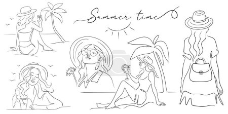 Set of fashionable girls on vacation in line art style for summer design, text in hand drawn vector illustration