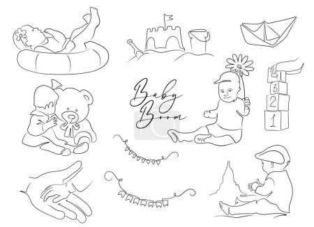 The set of kids logo in line art vector illustration with text Baby boom, hand-drawn children silhouettes with games