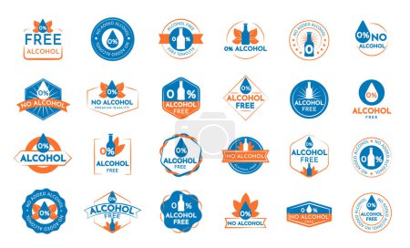 Ilustración de El conjunto de logotipo libre de alcohol en un vector Ilustración. Insignias grandes de la colección azul, iconos para el diseño del producto - Imagen libre de derechos