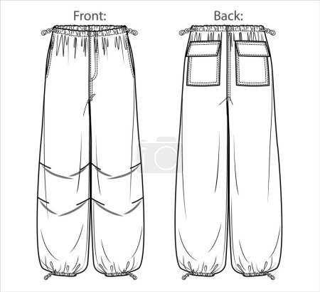 Illustration for Vector woman fleece jogger technical drawing, utility style pants with waistband and side pockets detail fashion CAD, template, sketch, flat. Woman cargo trousers with front, back view, white color - Royalty Free Image
