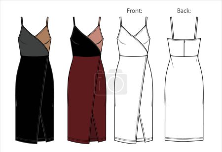 Illustration for Vector woman summer wrap dress fashion CAD, color block dress with shoulder straps technical drawing, template, flat, sketch. Jersey or woven fabric dress in color with front, back view, white color - Royalty Free Image