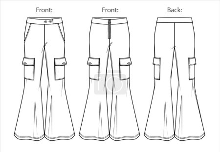 Illustration for Vector cargo pants for girls fashion CAD, sketch template, basic woman flared trousers technical drawing, trendy leggings flat, mock up. Jersey or woven fabric pants, from and back view, white color - Royalty Free Image