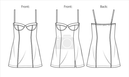 Téléchargez les illustrations : Vector femme robe corset d'été mode CAD, mini robe avec bretelles dessin technique, modèle, plat, croquis. Jersey ou tissu tissé ensemble de robe en couleur avec face avant, vue arrière, couleur blanche - en licence libre de droit