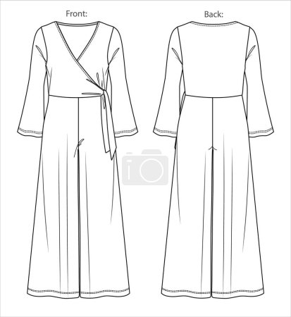 Illustration for Vector woman wrap"V" neck jumpsuit technical drawing, long sleeve jumpsuit with bow detail fashion CAD, straight wide legs jumpsuit template, flat, sketch. Jersey or woven fabric jumpsuit, white color - Royalty Free Image
