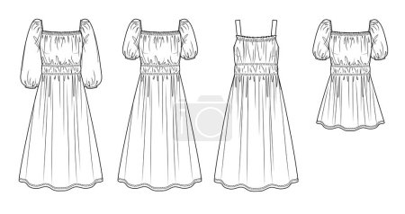 Illustration for Vector maxi bohemian dress fashion CAD, woman flared square neck long dress technical drawing, template, sketch, flat, mock up. Jersey or woven fabric mini 4 pcs dress with front view, white color - Royalty Free Image