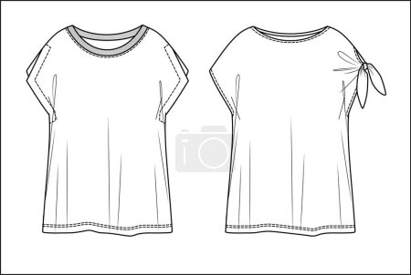 Illustration for Vector sleeveless T-Shirt with rib neck fashion CAD, woman dropped shoulder round neck top technical drawing, template, flat, sketch. Jersey or woven fabric blouse with front, back view, white color - Royalty Free Image