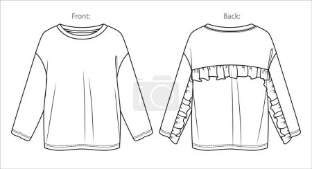 Illustration for Vector long sleeved oversized top fashion CAD, woman boxy shape round neck with frill details sweatshirt technical drawing, template, mock up, flat.Jersey sweatshirt with front, back view, white color - Royalty Free Image