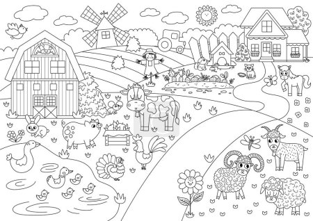 Téléchargez les illustrations : Vector black and white farm landscape illustration. Outline rural village scene with animals, barn. Cute nature background with pond, meadow, garden. Country field picture or coloring page - en licence libre de droit