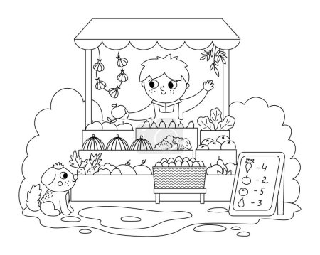 Illustration pour Vector black and white farmer selling fruit and vegetables in a street stall icon. Cute outline farm market scene. Rural country vendor. Funny farm cartoon salesman illustration or coloring pag - image libre de droit