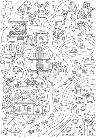 Farm black and white village map. Country life outline background. Vector rural area scene with animals, children, barn, tractor. Countryside plan or coloring page with field, pasture, cottage, garde