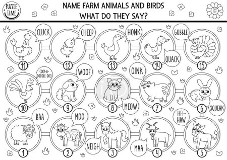 Black and white board game for children with farm animals, birds and their sounds. Countryside line boardgame.  Rural country activity or coloring page. Name the animals, say moo, baa, oin