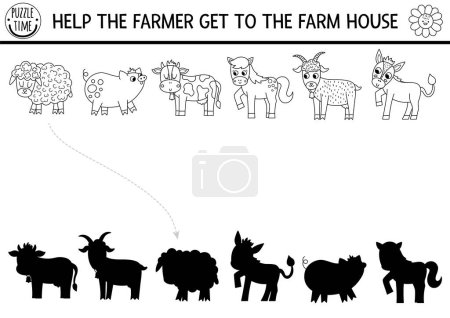 Black and white farm shadow matching activity with animals. Country village line puzzle with cute cow, pig, sheep, horse. Find correct silhouette printable coloring game. On the farm page for kid