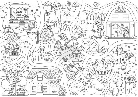 Farm black and white village map. Country life outline background. Vector rural area scene with animals, farmers, barn, tractor. Countryside plan or coloring page with field, pasture, cottage, garde