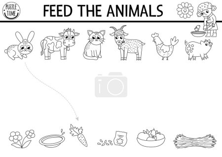 Black and white farm matching activity with animals, food. Country puzzle with rabbit, cow, hen, goat, pig. Match the objects game. Feed the animals printable coloring page. On the farm match u