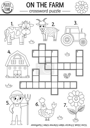 Illustration for Vector on the farm black and white crossword puzzle for kids. Simple farm line quiz for children. Country educational activity with cow, farmer, tractor, barn. Rural village cross word coloring pag - Royalty Free Image