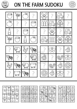 Vector farm sudoku black and white puzzle for kids with pictures. Simple on the farm quiz with missing elements. Education activity or coloring page with farmer, barn, tractor. Draw missing object