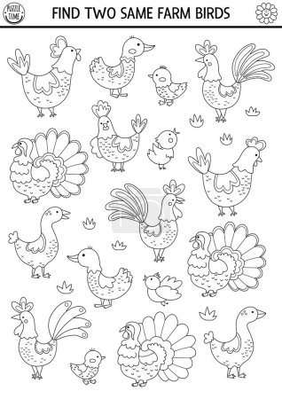 Find two same farm birds. On the farm black and white matching activity for children. Rural village coloring page for kids for attention skills. Simple printable line game with hen, rooster, goos