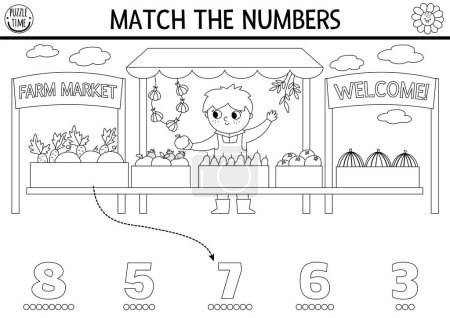 Match the numbers farm black and white game with farm market vendor. Rural country math activity for preschool kids. On the farm educational printable counting worksheet or coloring page