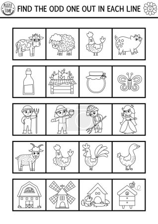 Illustration for Find the odd one out. On the farm black and white logical activity for children. Farm coloring page for kids for attention skills. Simple line printable game with cute animals, birds, farmer - Royalty Free Image
