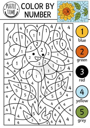 Vector on the farm color by number activity with sundlower. Rural country scene black and white counting game with cute yellow sun flower. Coloring page for kids with countryside scen