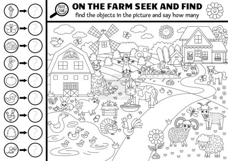 Ilustración de Vector black and white farm searching game with rural countryside landscape. Spot hidden objects, say how many. Simple on the farm seek and find and counting activity or coloring pag - Imagen libre de derechos